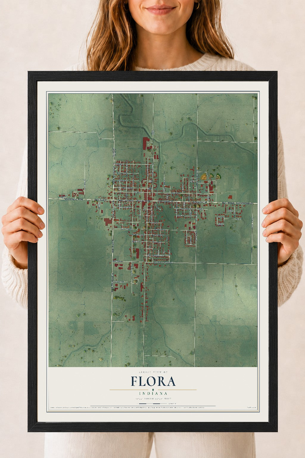Map of Flora, Indiana, 18 x 24 inch print in a black wood frame