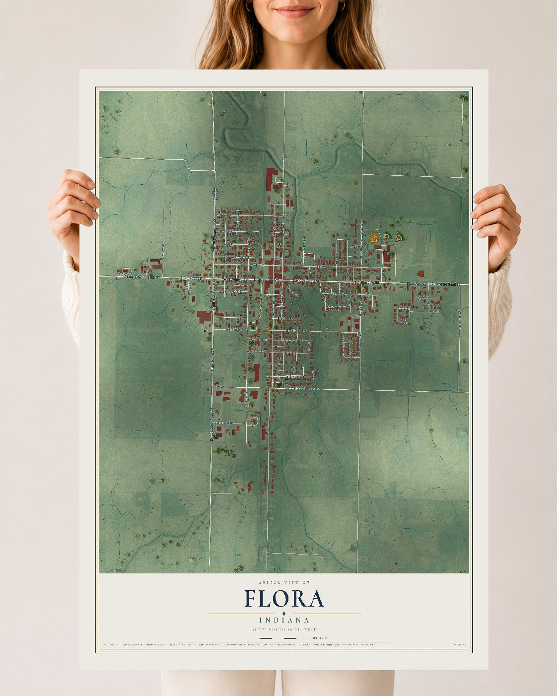 Map of Flora, Indiana, 24 x 36 inch unframed archival matte print