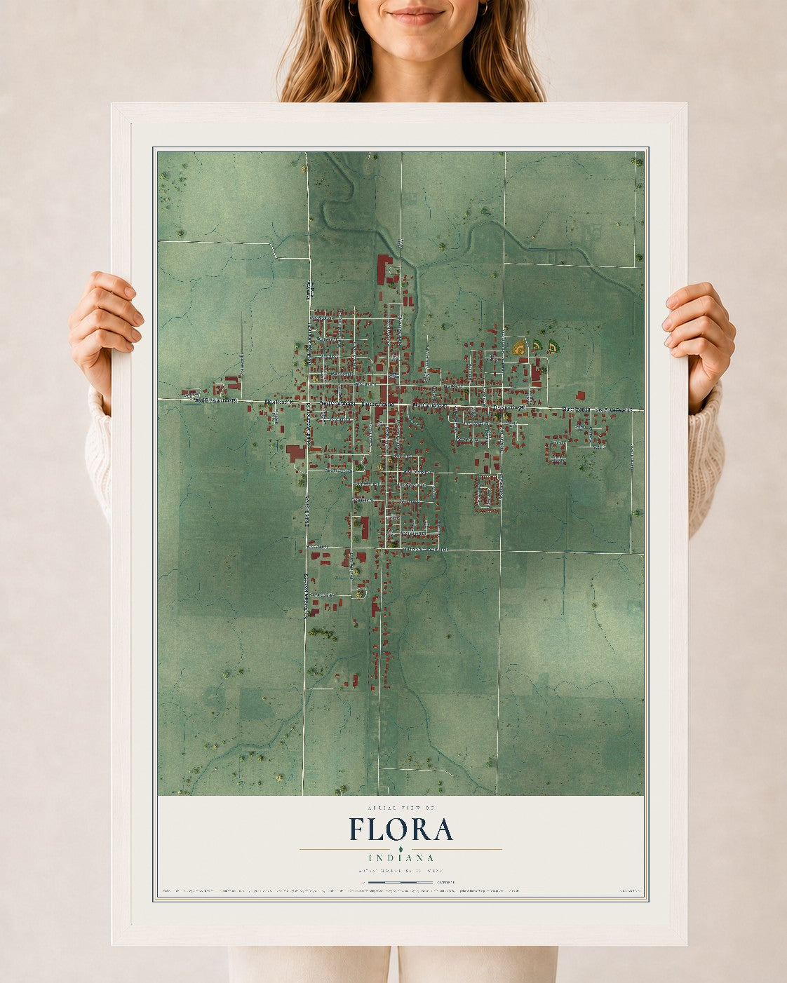 Map of Flora, Indiana, 24 x 36 inch print in a white wood frame