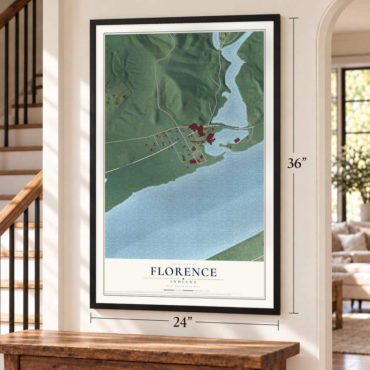 Florence, Indiana map, 24 x 36 inch print in a black frame by a staircase
