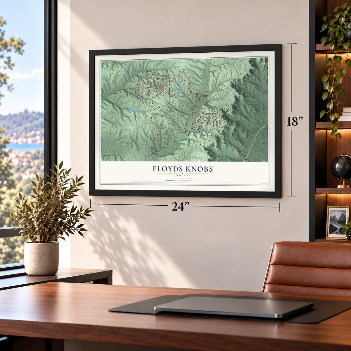 Floyds Knobs, Indiana map, 18 x 24 inch print in a black frame in a home office