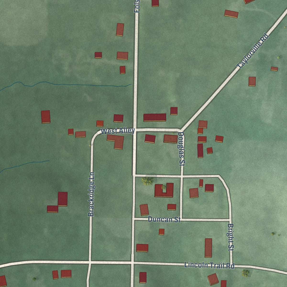 Close-up of the map of Folsomville, Indiana print showing street and building detail