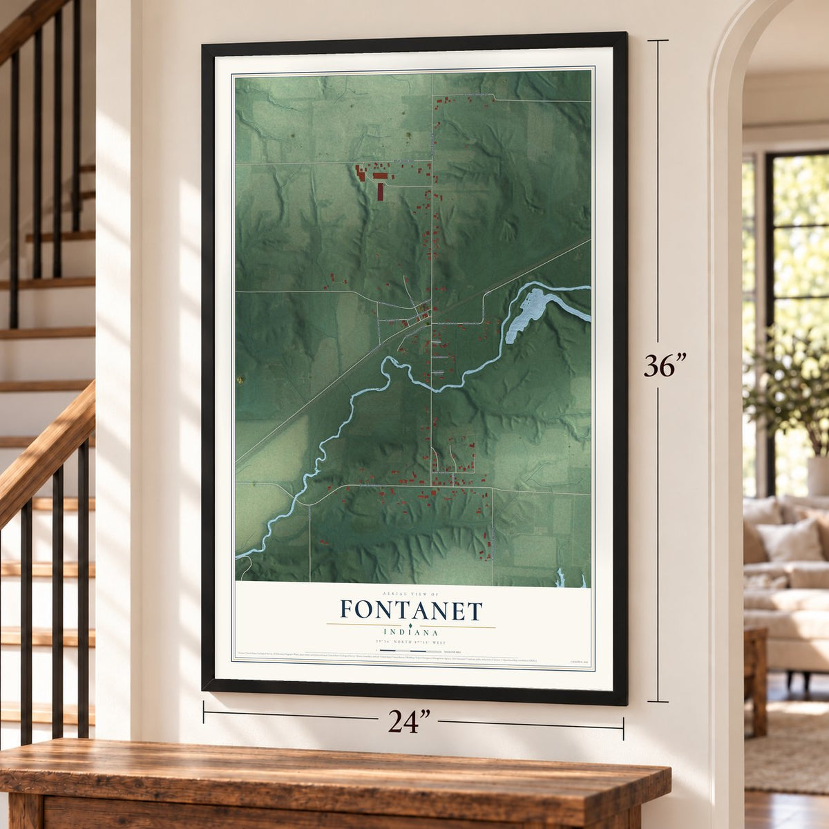 Fontanet, Indiana map, 24 x 36 inch print in a black frame by a staircase