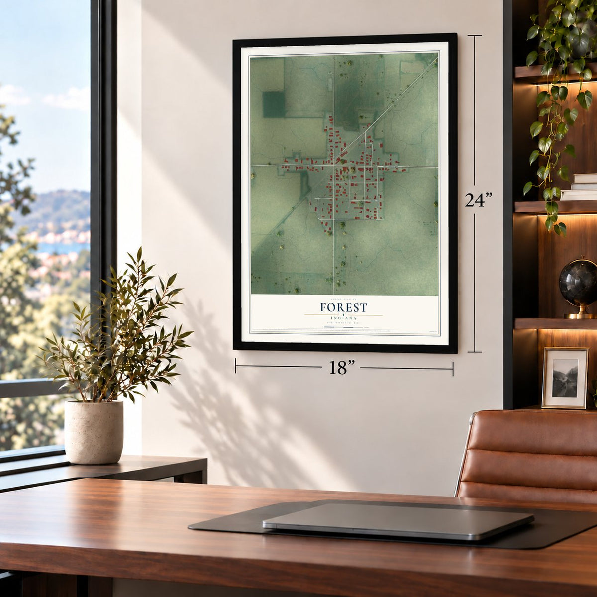Forest, Indiana map, 18 x 24 inch print in a black frame in a home office