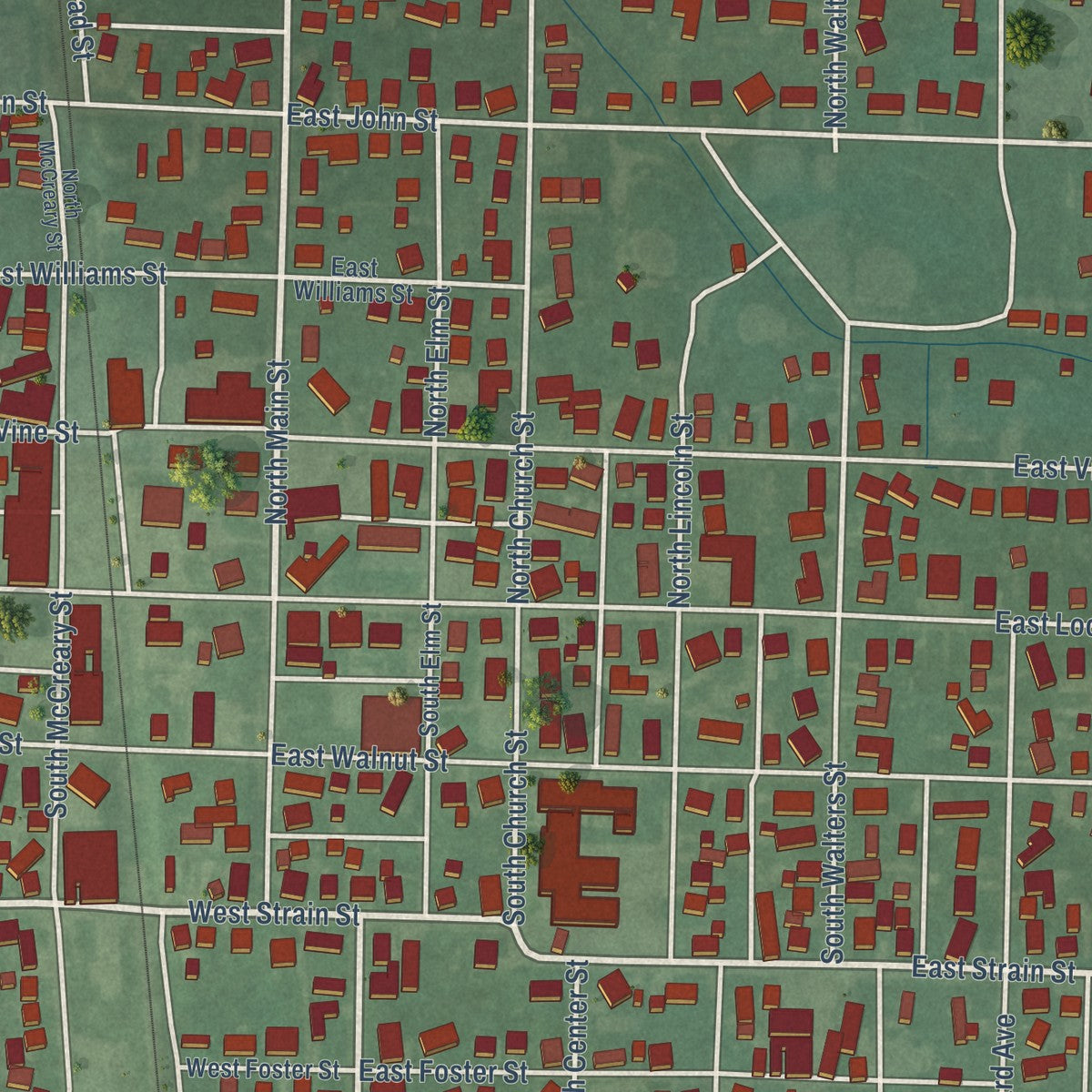 Close-up of the map of Fort Branch, Indiana print showing street and building detail