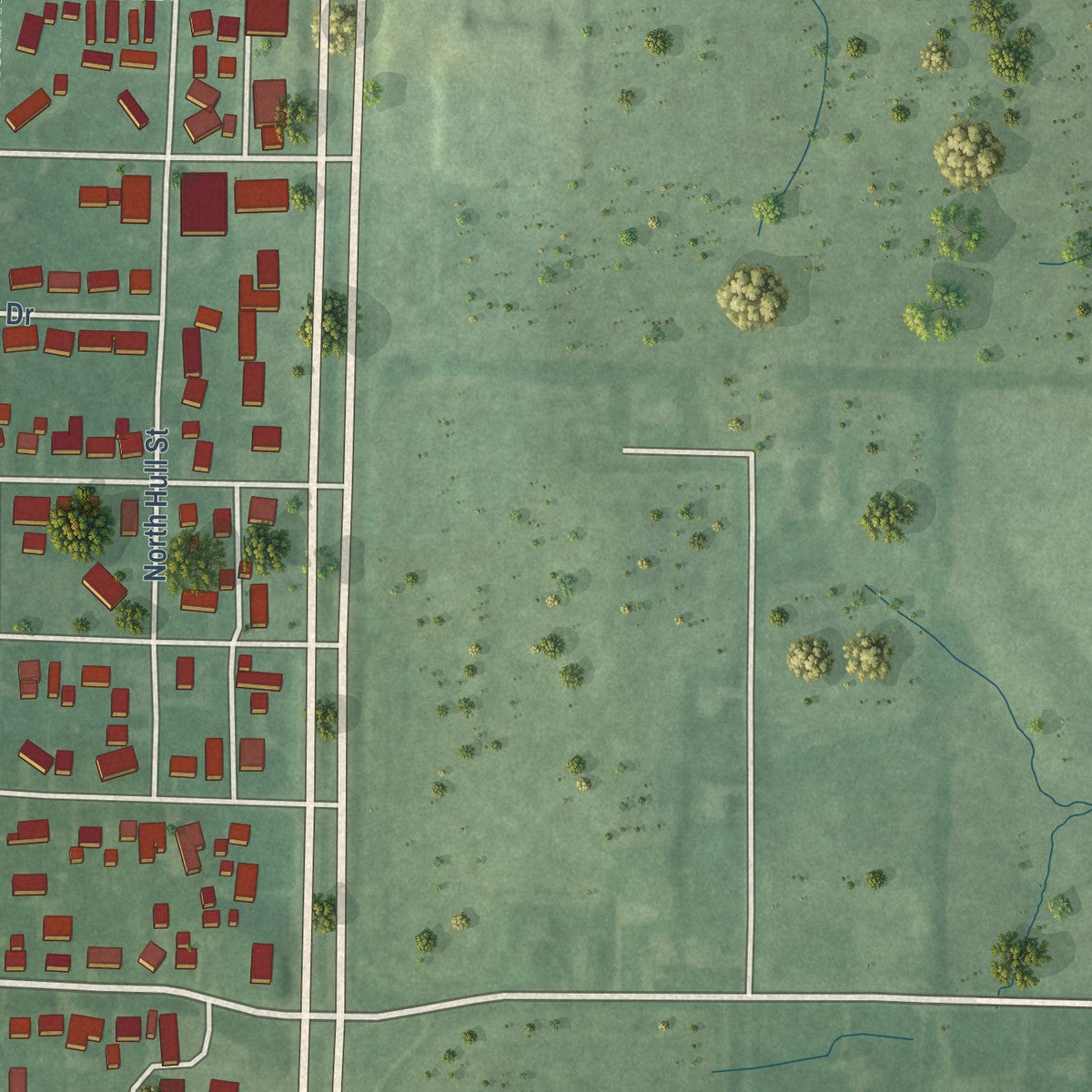 Second close-up of the map of Fort Branch, Indiana print showing more streets and buildings