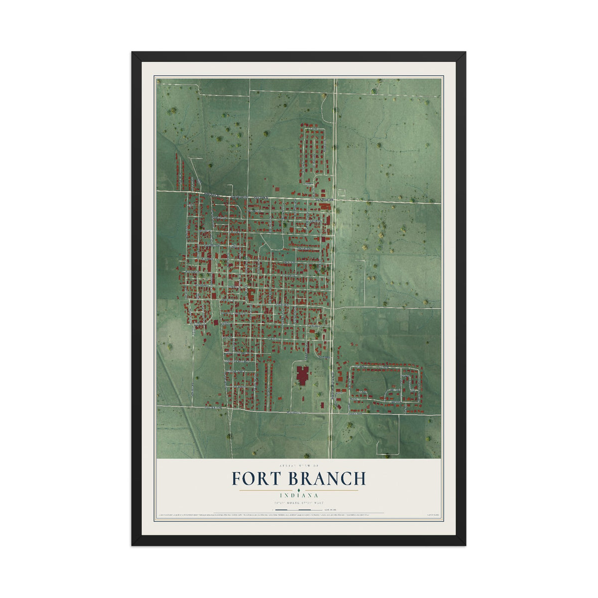 Map of Fort Branch, Indiana, 12 x 18 inch print in a black wood frame
