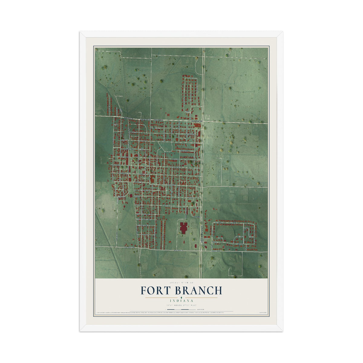 Map of Fort Branch, Indiana, 12 x 18 inch print in a white wood frame