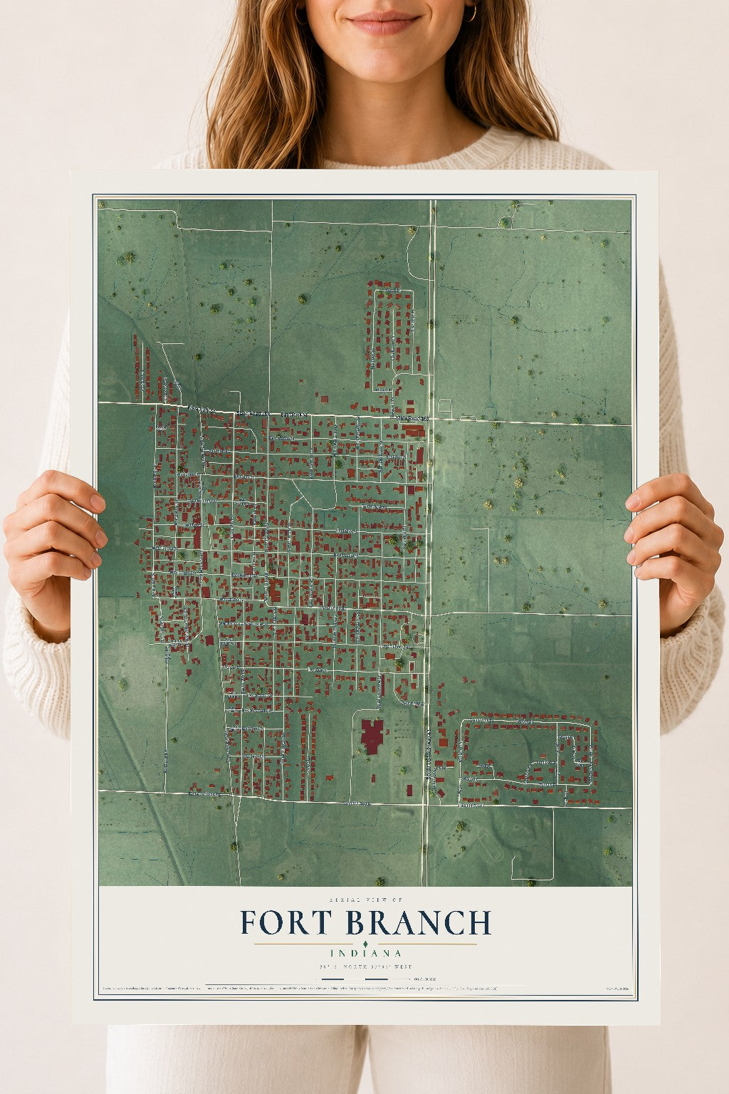 Map of Fort Branch, Indiana, 18 x 24 inch unframed archival matte print