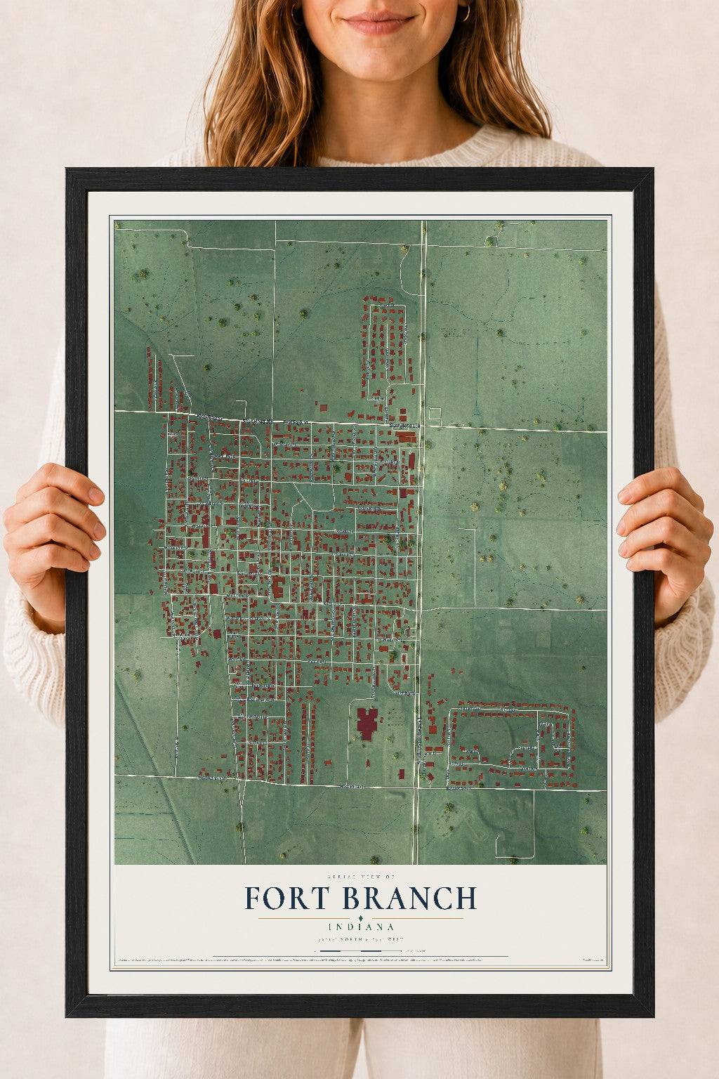 Map of Fort Branch, Indiana, 18 x 24 inch print in a black wood frame