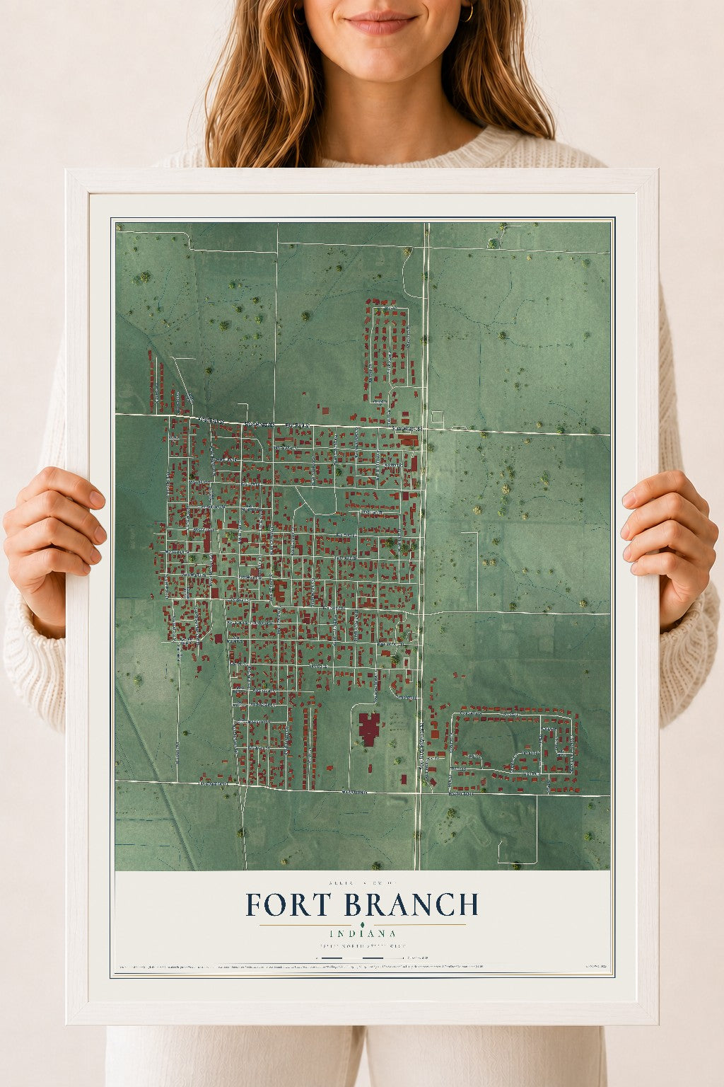 Map of Fort Branch, Indiana, 18 x 24 inch print in a white wood frame