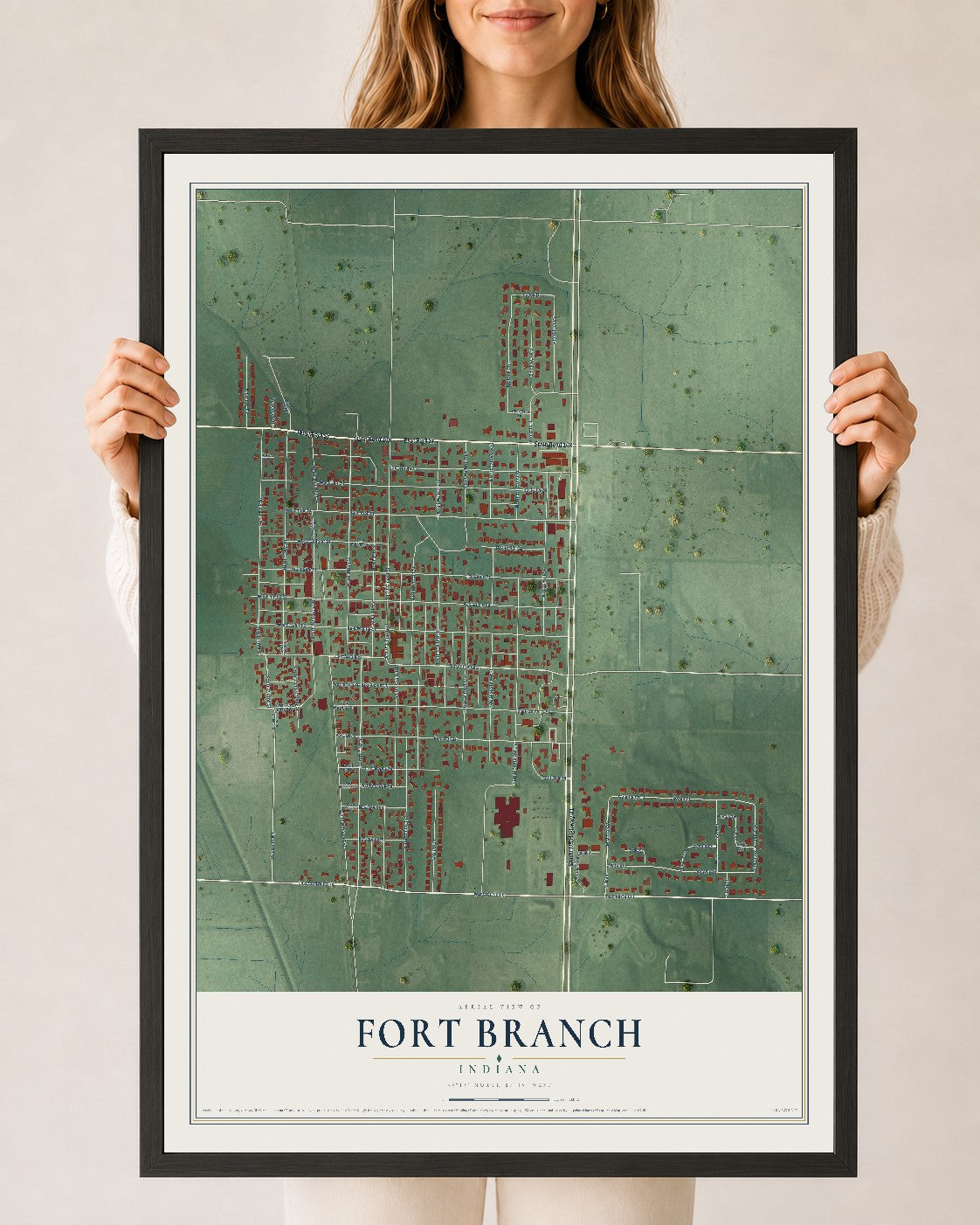 Map of Fort Branch, Indiana, 24 x 36 inch print in a black wood frame