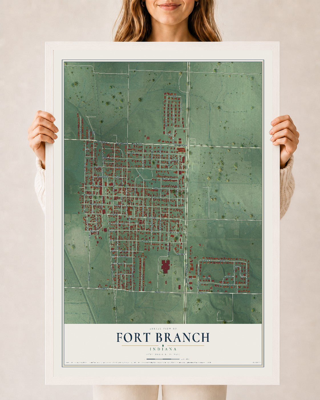 Map of Fort Branch, Indiana, 24 x 36 inch print in a white wood frame