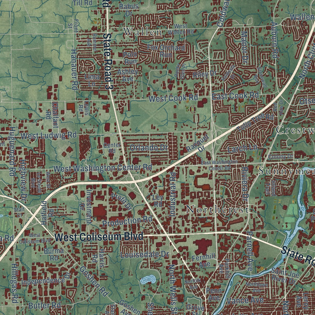 Close-up of the map of Fort Wayne, Indiana print showing street and building detail