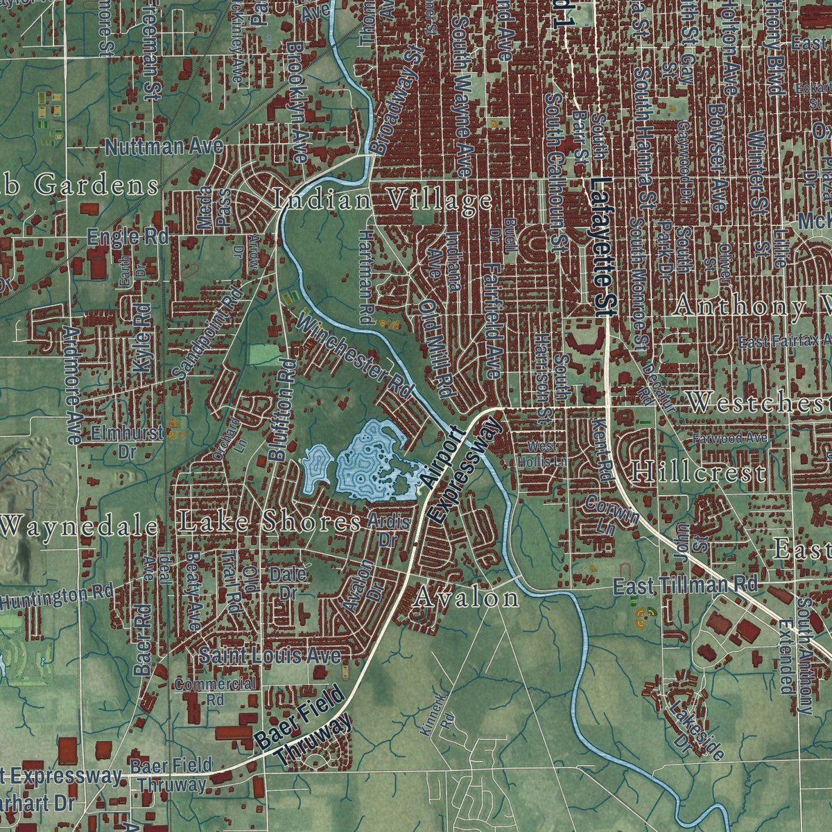Second close-up of the map of Fort Wayne, Indiana print showing more streets and buildings