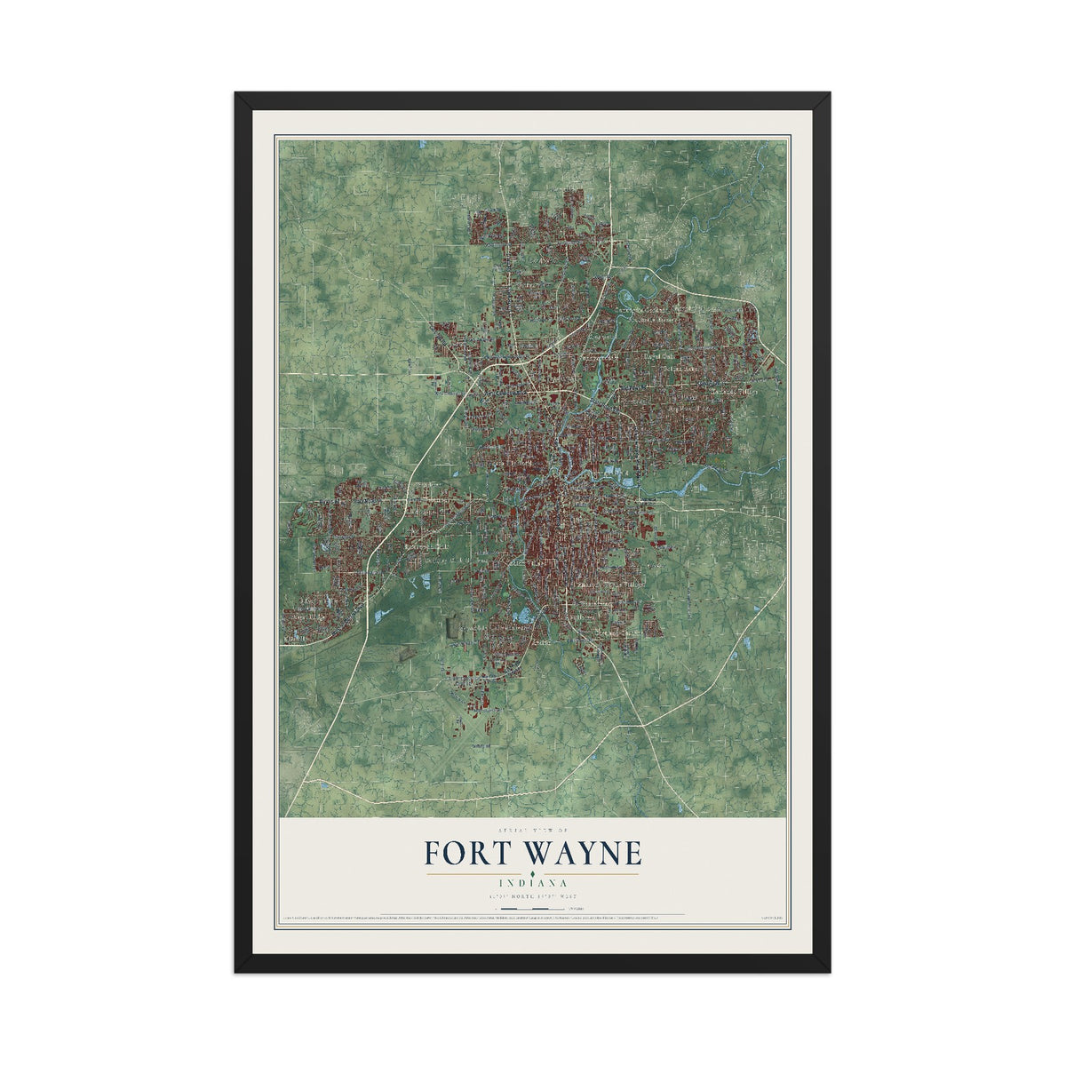 Map of Fort Wayne, Indiana, 12 x 18 inch print in a black wood frame