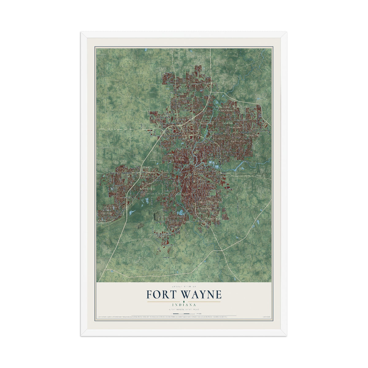 Map of Fort Wayne, Indiana, 12 x 18 inch print in a white wood frame