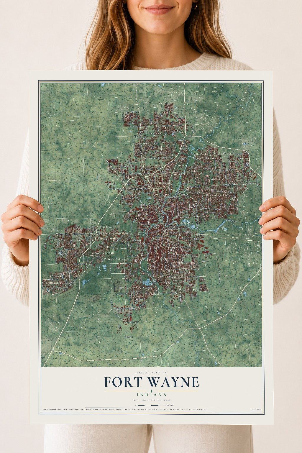 Map of Fort Wayne, Indiana, 18 x 24 inch unframed archival matte print