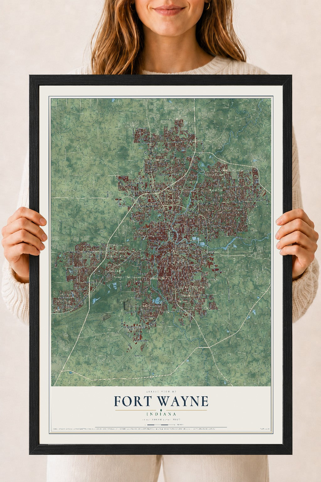 Map of Fort Wayne, Indiana, 18 x 24 inch print in a black wood frame