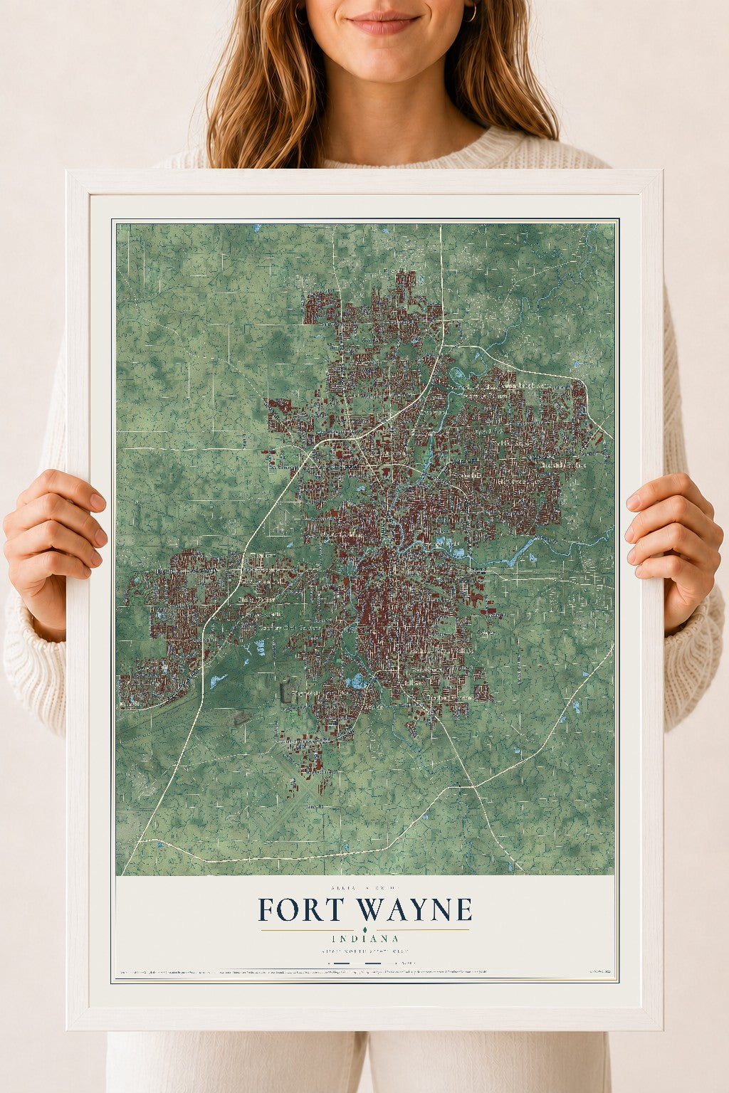 Map of Fort Wayne, Indiana, 18 x 24 inch print in a white wood frame