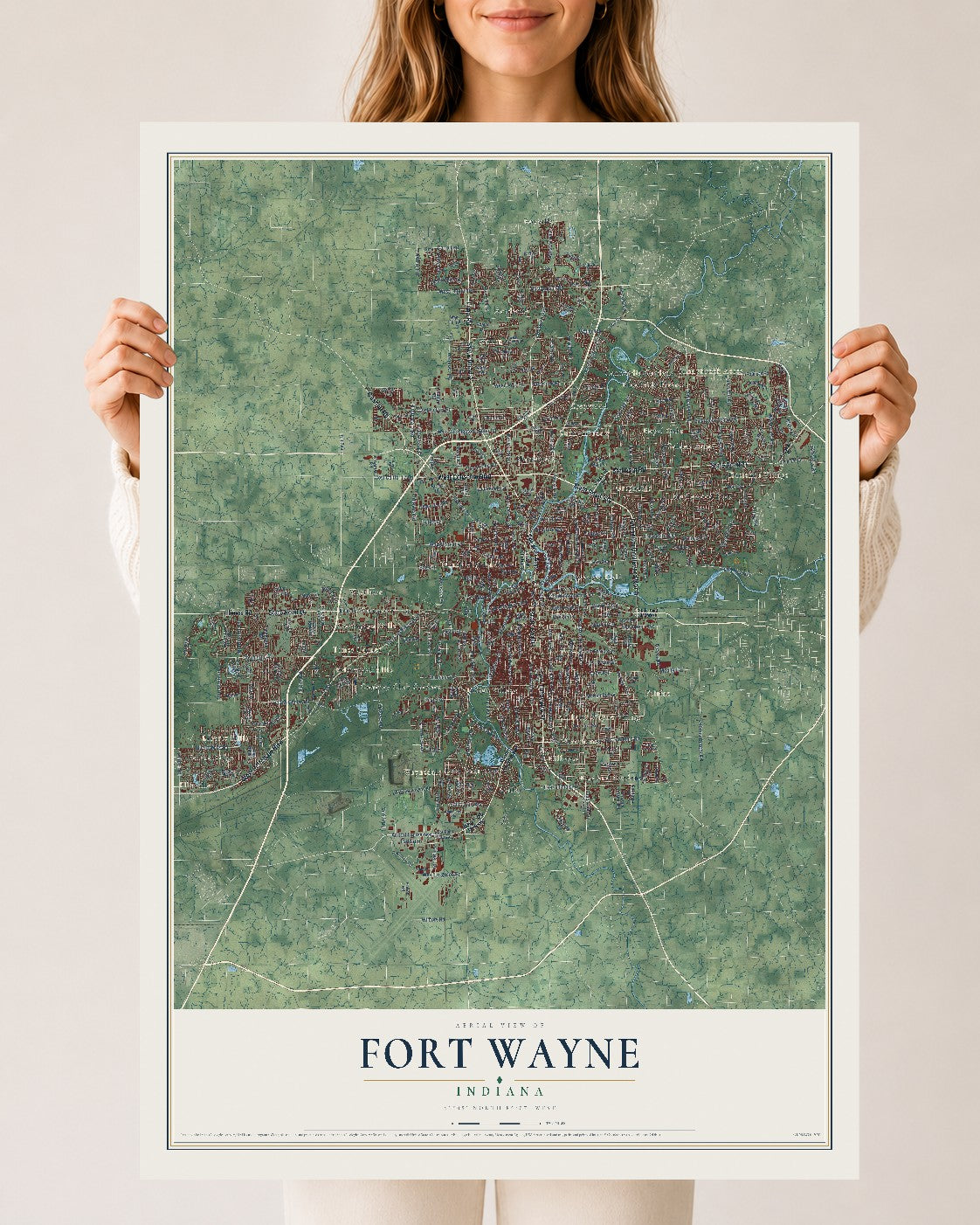 Map of Fort Wayne, Indiana, 24 x 36 inch unframed archival matte print