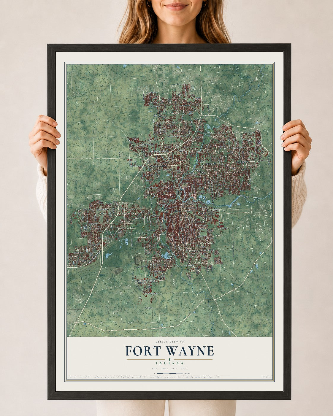Map of Fort Wayne, Indiana, 24 x 36 inch print in a black wood frame