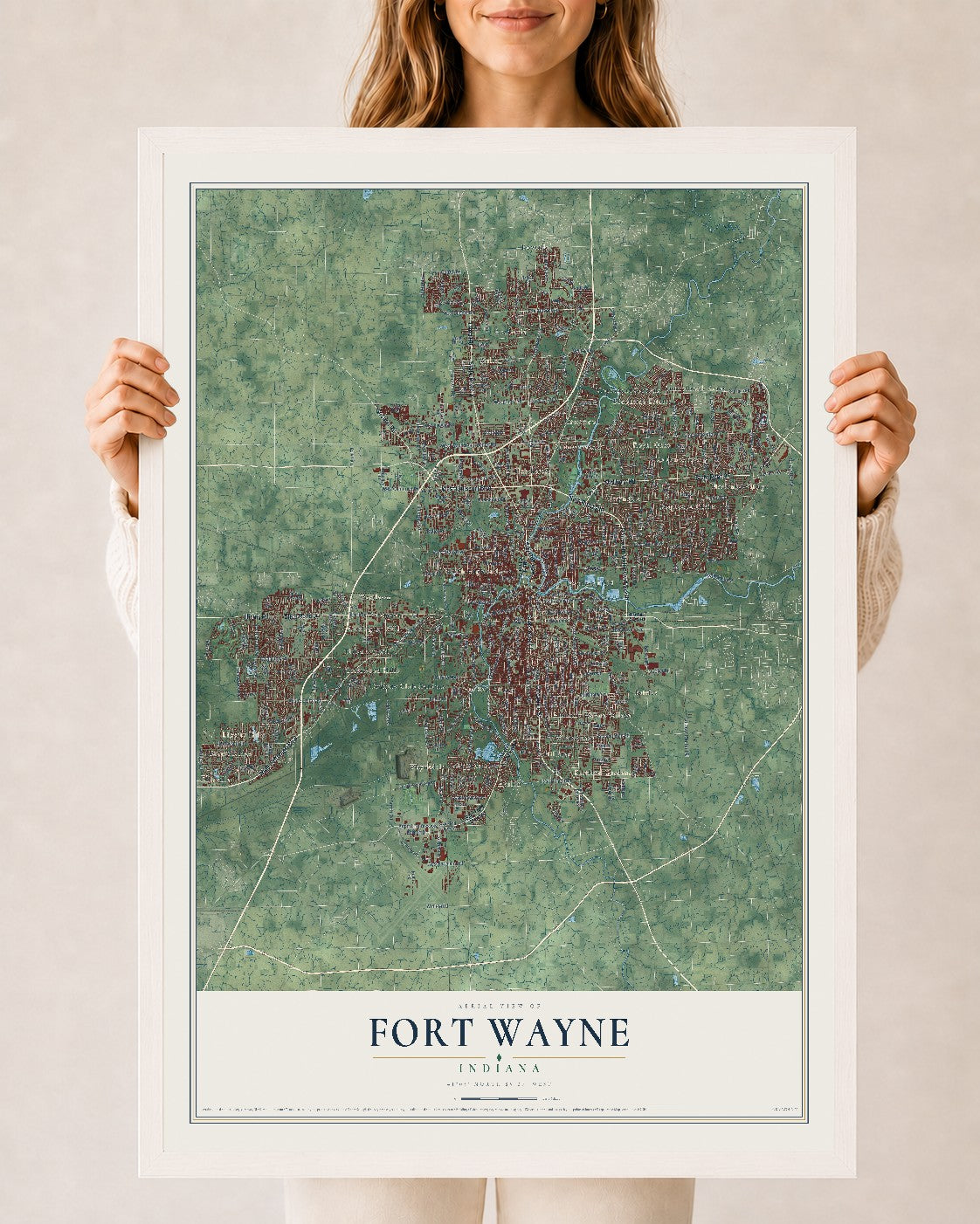 Map of Fort Wayne, Indiana, 24 x 36 inch print in a white wood frame