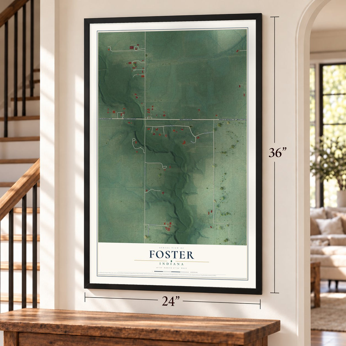 Foster, Indiana map, 24 x 36 inch print in a black frame by a staircase