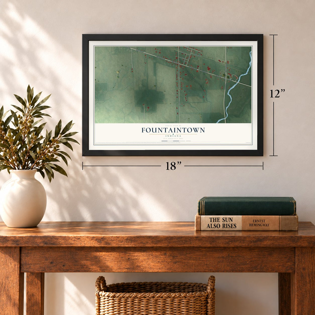 Fountaintown, Indiana map, 12 x 18 inch print in a black frame in an entryway