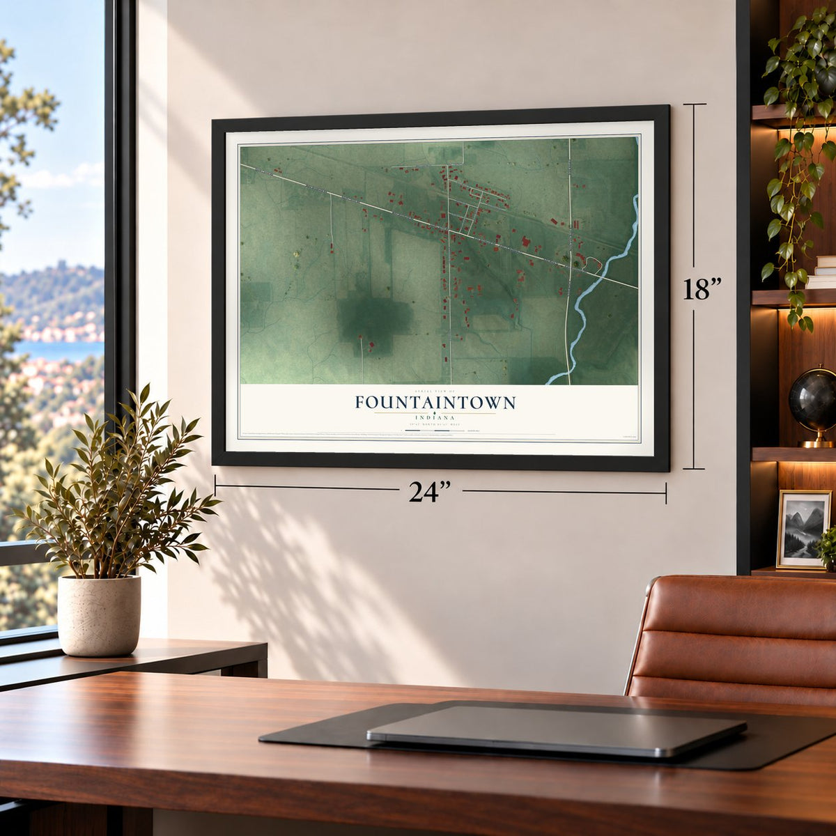 Fountaintown, Indiana map, 18 x 24 inch print in a black frame in a home office