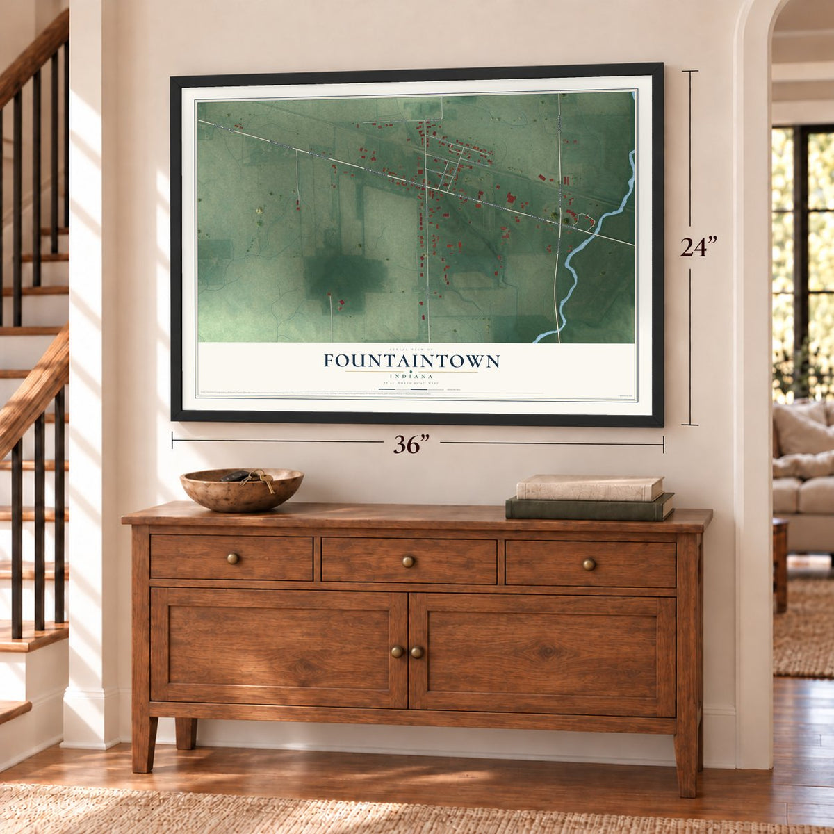 Fountaintown, Indiana map, 24 x 36 inch print in a black frame above a dresser by a staircase