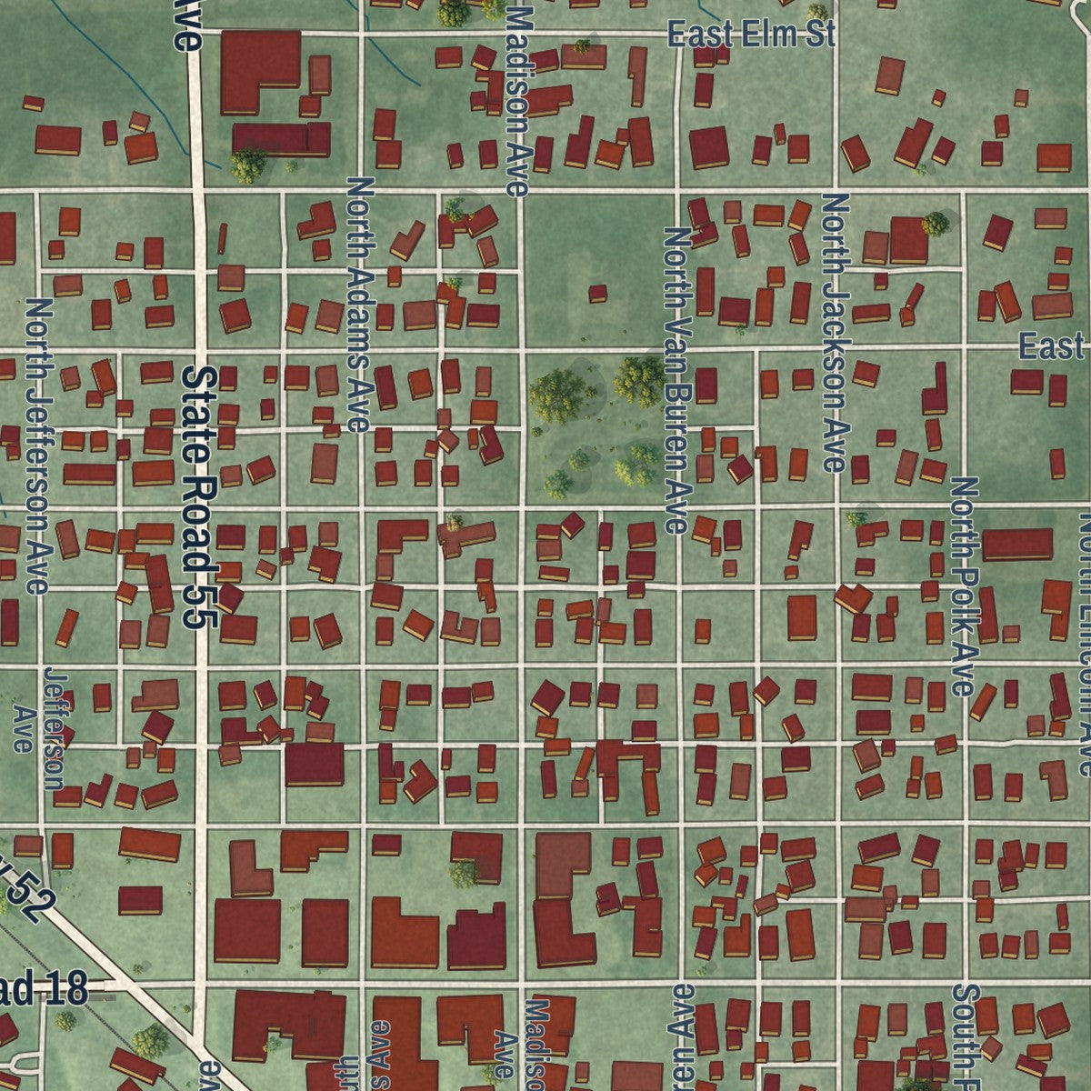 Close-up of the map of Fowler, Indiana print showing street and building detail