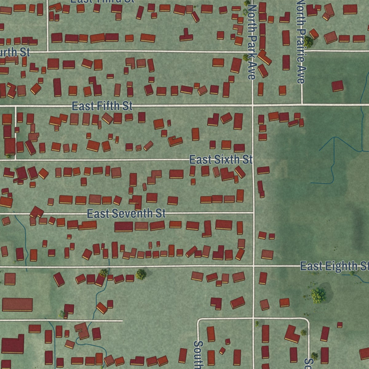 Second close-up of the map of Fowler, Indiana print showing more streets and buildings