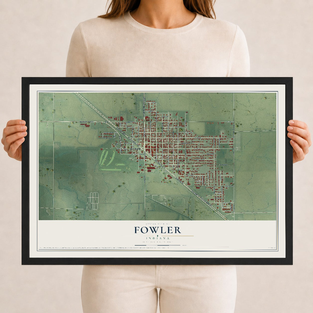 Map of Fowler, Indiana, 12 x 18 inch print in a black wood frame