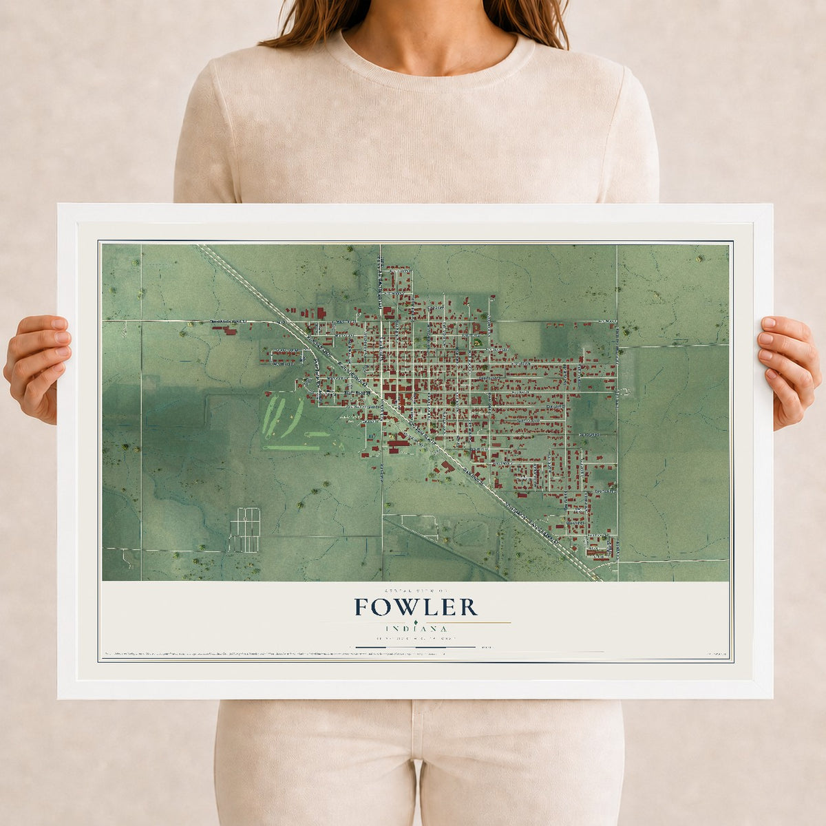 Map of Fowler, Indiana, 12 x 18 inch print in a white wood frame