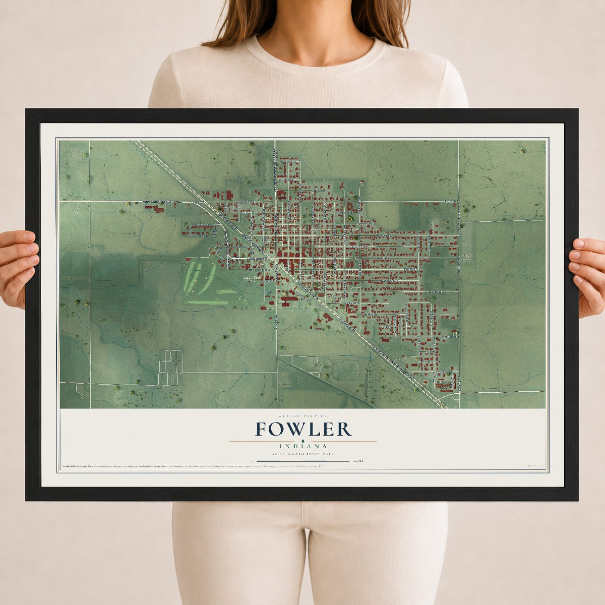 Map of Fowler, Indiana, 18 x 24 inch print in a black wood frame