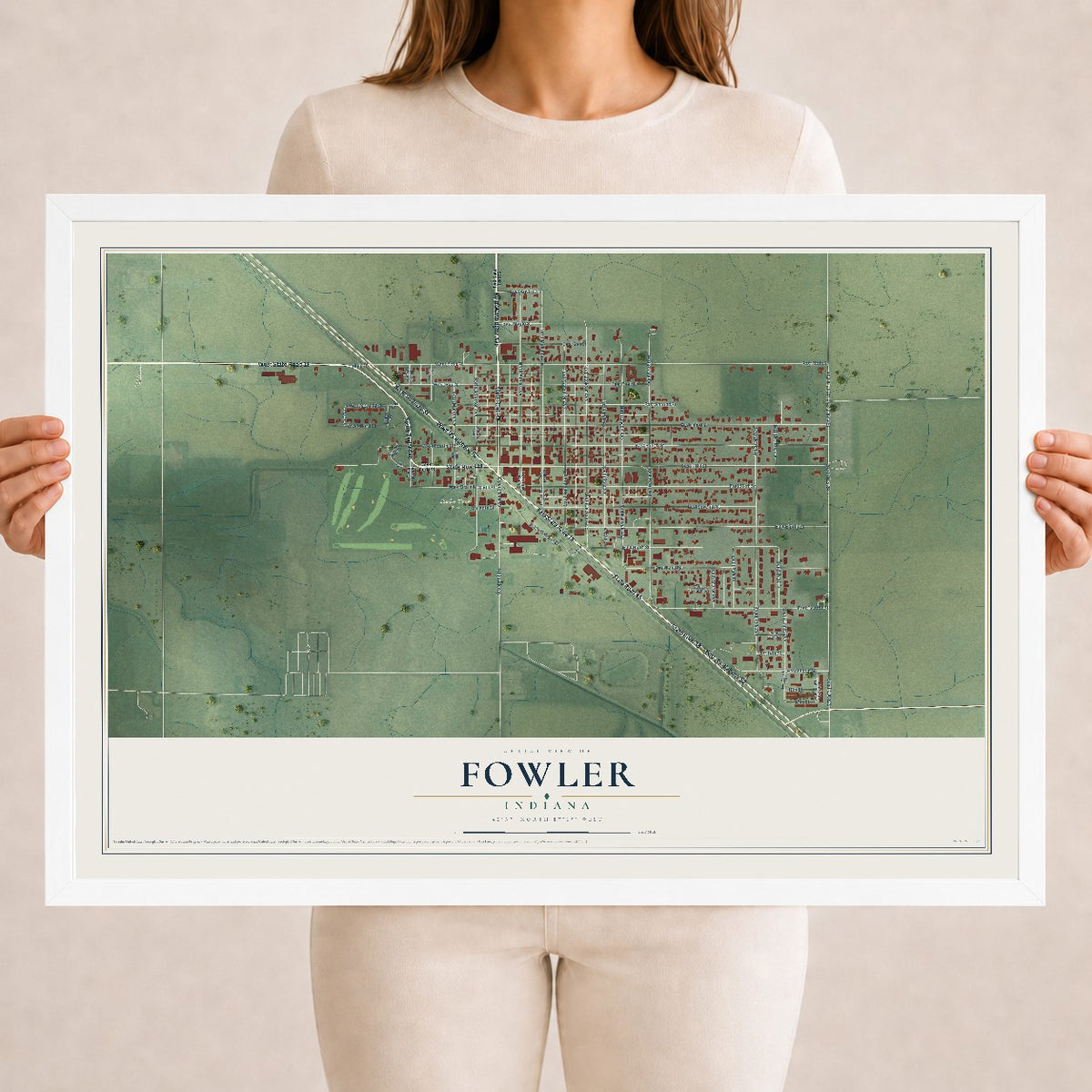 Map of Fowler, Indiana, 18 x 24 inch print in a white wood frame