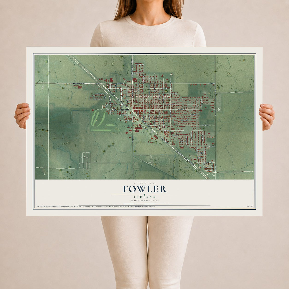 Map of Fowler, Indiana, 24 x 36 inch unframed archival matte print