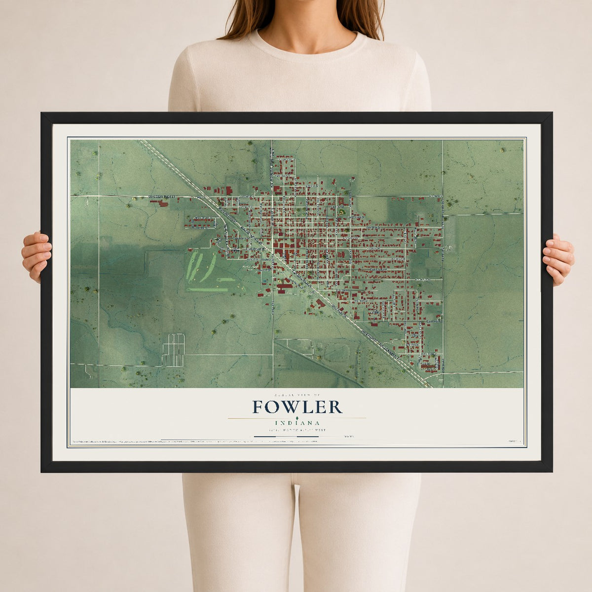 Map of Fowler, Indiana, 24 x 36 inch print in a black wood frame