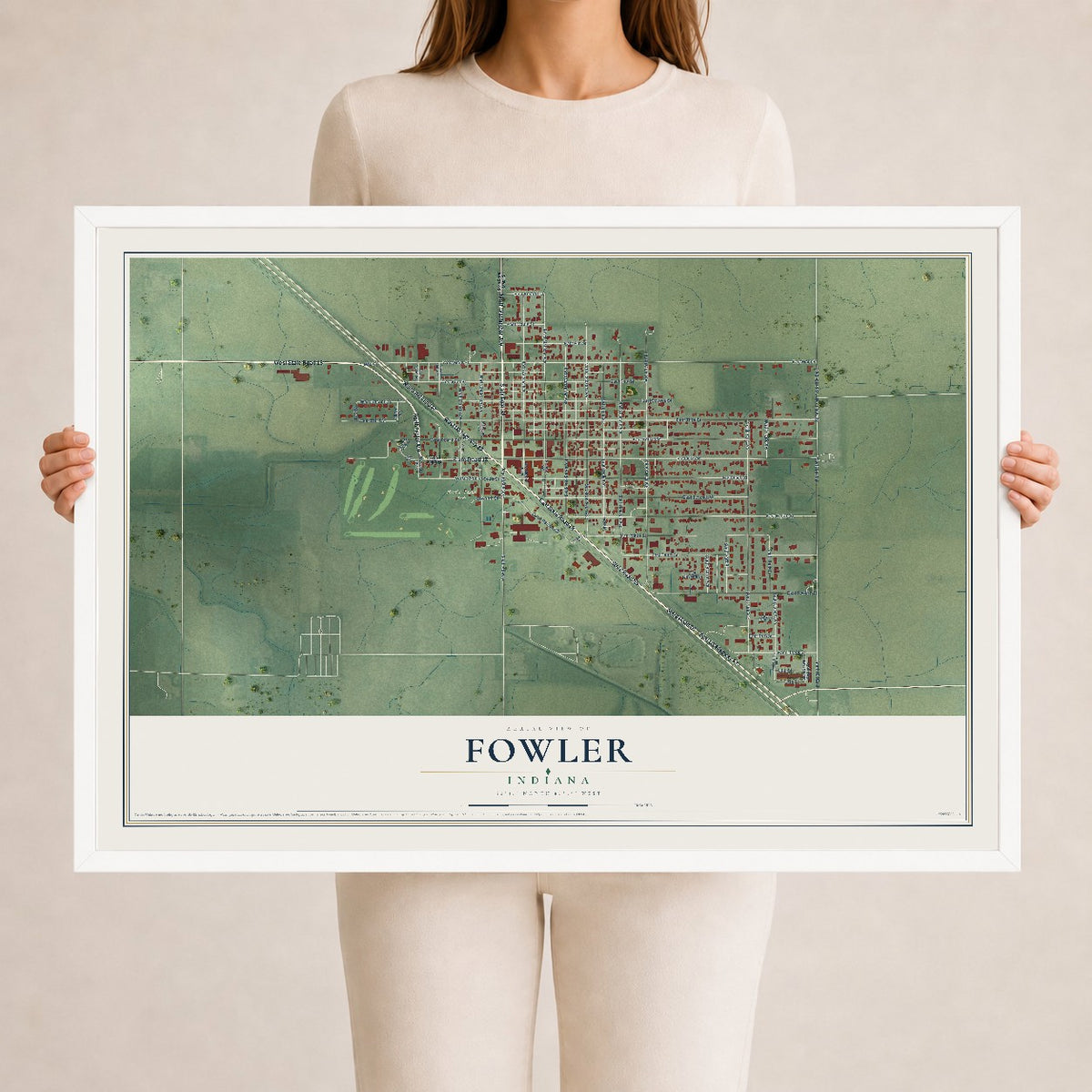 Map of Fowler, Indiana, 24 x 36 inch print in a white wood frame
