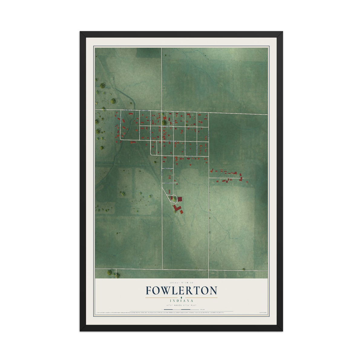 Map of Fowlerton, Indiana, 12 x 18 inch print in a black wood frame