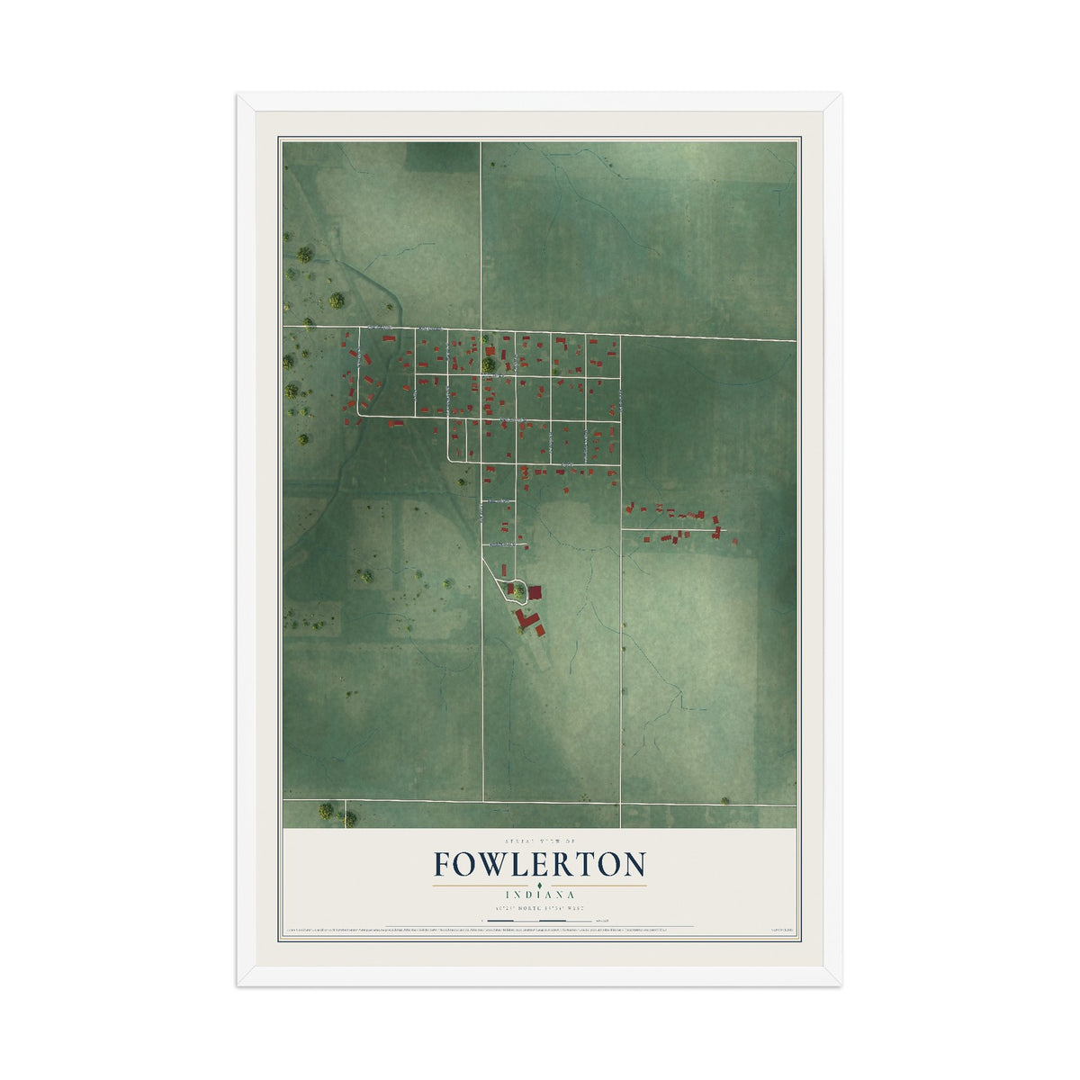 Map of Fowlerton, Indiana, 12 x 18 inch print in a white wood frame