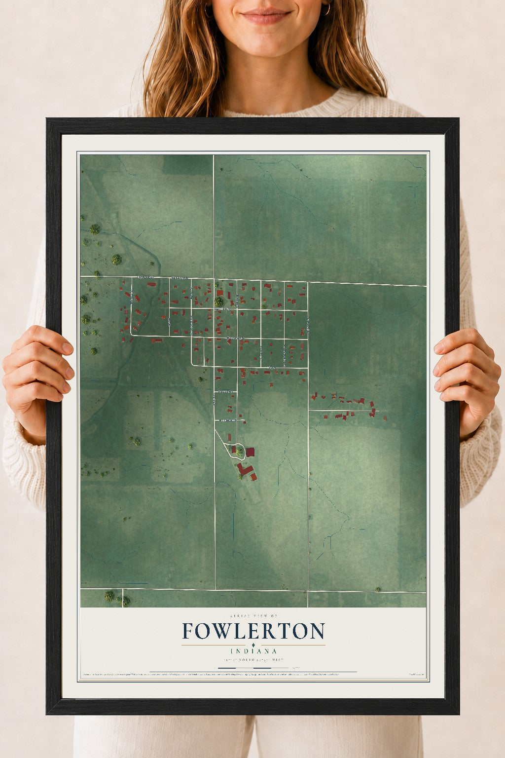 Map of Fowlerton, Indiana, 18 x 24 inch print in a black wood frame
