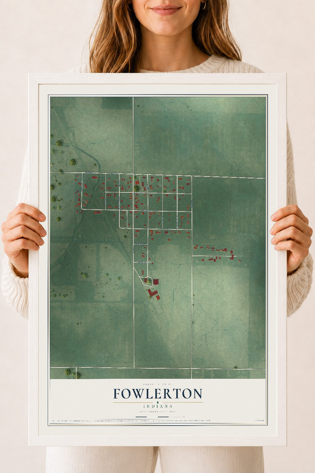 Map of Fowlerton, Indiana, 18 x 24 inch print in a white wood frame