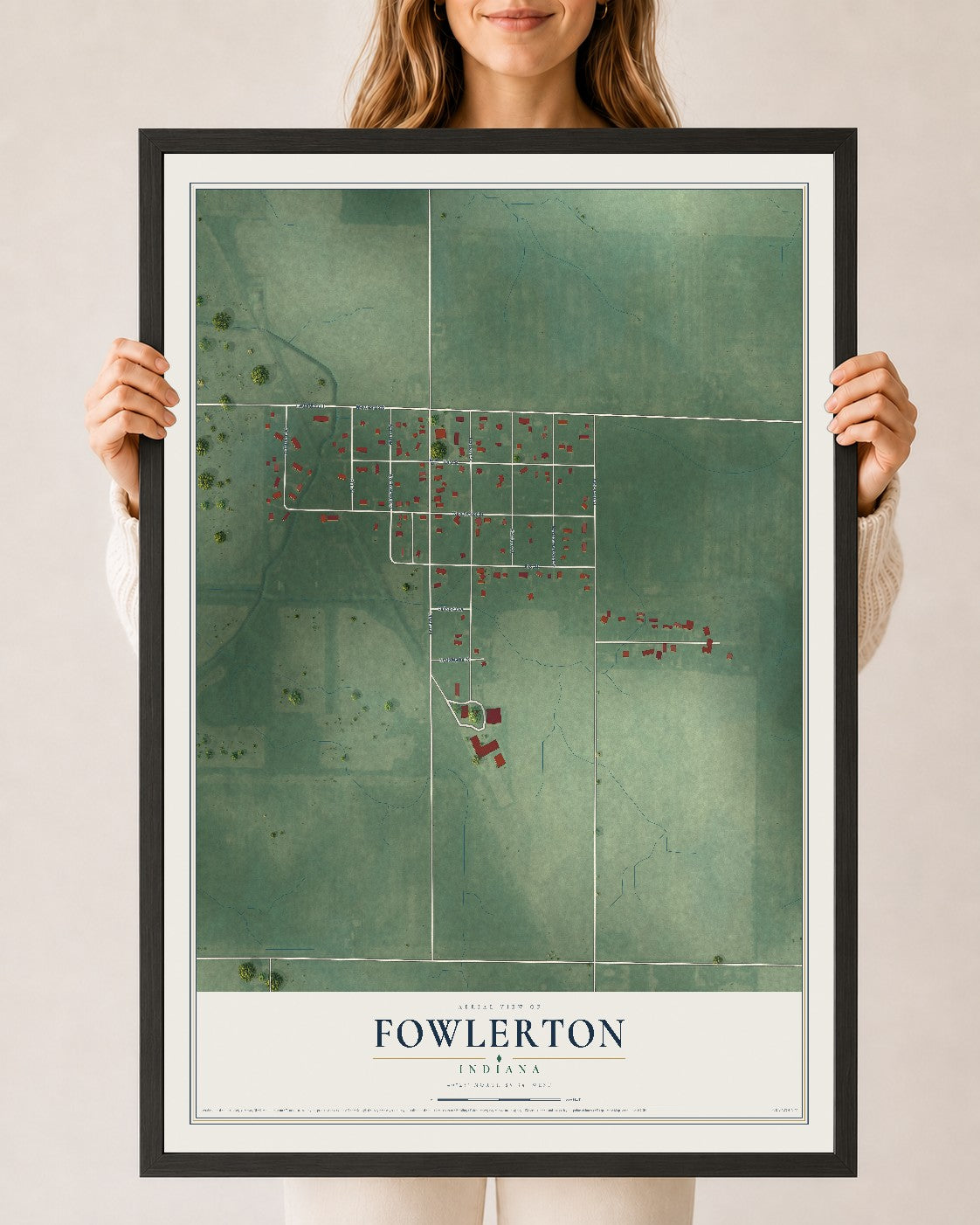 Map of Fowlerton, Indiana, 24 x 36 inch print in a black wood frame