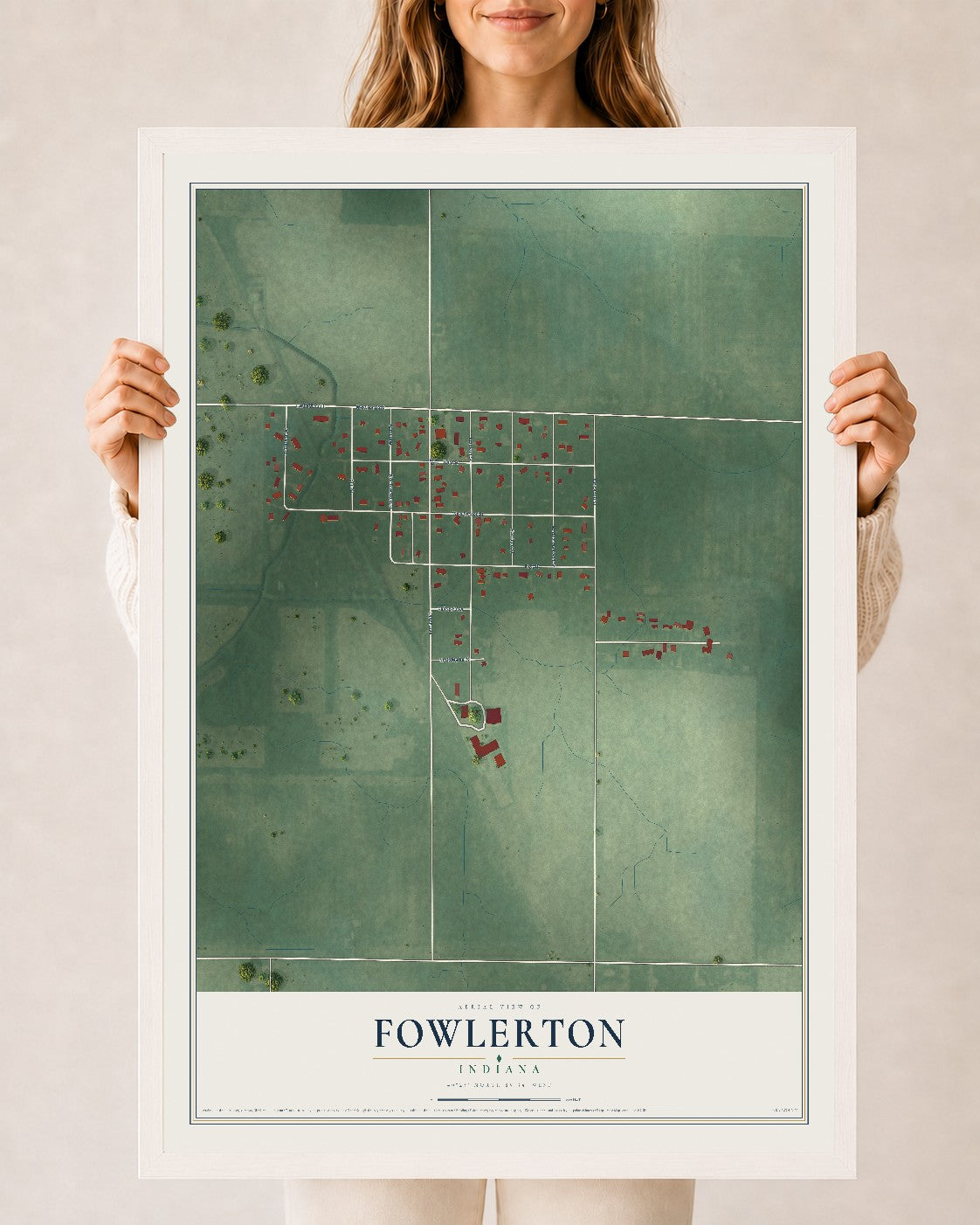 Map of Fowlerton, Indiana, 24 x 36 inch print in a white wood frame