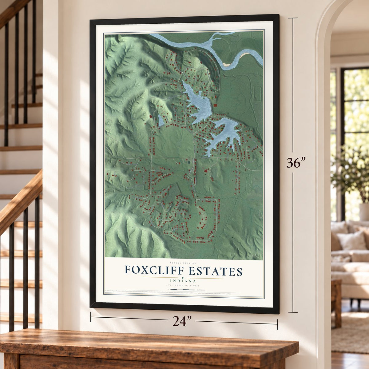 Foxcliff Estates, Indiana map, 24 x 36 inch print in a black frame by a staircase