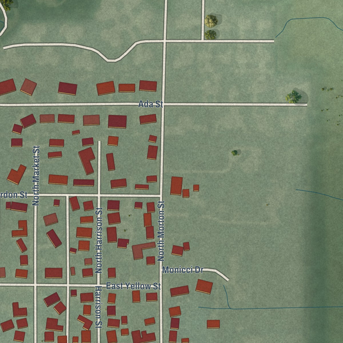 Second close-up of the map of Francesville, Indiana print showing more streets and buildings