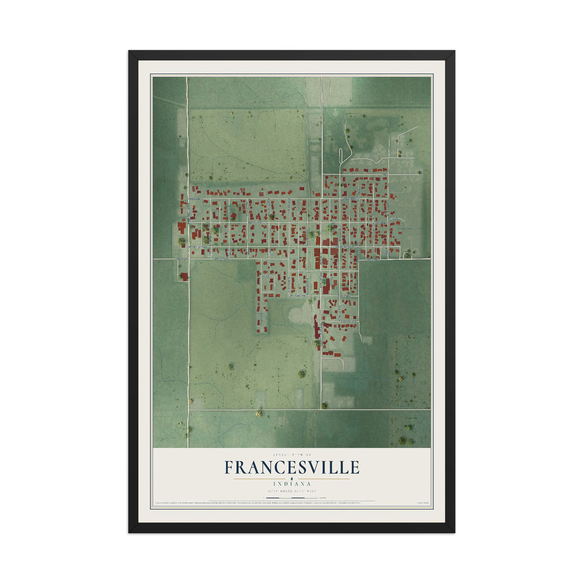 Map of Francesville, Indiana, 12 x 18 inch print in a black wood frame