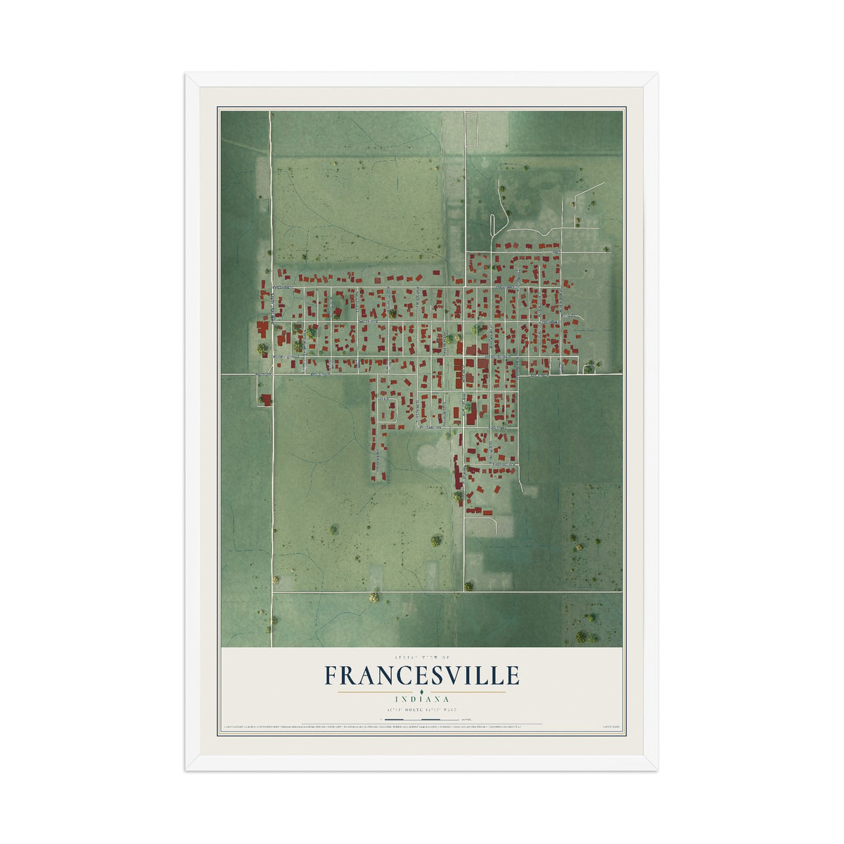 Map of Francesville, Indiana, 12 x 18 inch print in a white wood frame